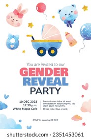 gender reveal party. Boy or girl reveal party. gender party. boy or girl. blue and pink color. balloons. celebration. Baby's gender reveal party. Vector Illustration. Poster, Banner, Invitation Card.