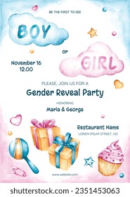 gender reveal party. Boy or girl reveal party. gender party. boy or girl. blue and pink color. balloons. celebration. Baby's gender reveal party. Vector Illustration. Poster, Banner, Invitation Card.