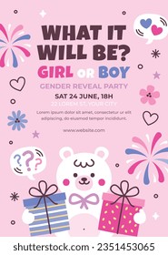 gender reveal party. Boy or girl reveal party. gender party. boy or girl. blue and pink color. balloons. celebration. Baby's gender reveal party. Vector Illustration. Poster, Banner, Invitation Card.