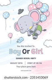 gender reveal party. Boy or girl reveal party. gender party. boy or girl. blue and pink color. balloons. celebration. Baby's gender reveal party. Vector Illustration. Poster, Banner, Invitation Card.