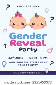 gender reveal party. Boy or girl reveal party. gender party. boy or girl. blue and pink color. balloons. celebration. Baby's gender reveal party. Vector Illustration. Poster, Banner, Invitation Card.