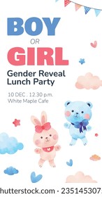 gender reveal party. Boy or girl reveal party. gender party. boy or girl. blue and pink color. balloons. celebration. Baby's gender reveal party. Vector Illustration. Poster, Banner, Invitation Card.