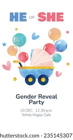 gender reveal party. Boy or girl reveal party. gender party. boy or girl. blue and pink color. balloons. celebration. Baby's gender reveal party. Vector Illustration. Poster, Banner, Invitation Card.