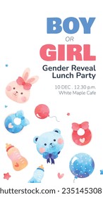 gender reveal party. Boy or girl reveal party. gender party. boy or girl. blue and pink color. balloons. celebration. Baby's gender reveal party. Vector Illustration. Poster, Banner, Invitation Card.