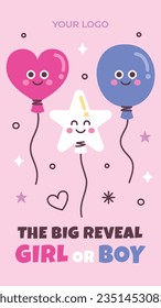 gender reveal party. Boy or girl reveal party. gender party. boy or girl. blue and pink color. balloons. celebration. Baby's gender reveal party. Vector Illustration. Poster, Banner, Invitation Card.