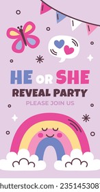 gender reveal party. Boy or girl reveal party. gender party. boy or girl. blue and pink color. balloons. celebration. Baby's gender reveal party. Vector Illustration. Poster, Banner, Invitation Card.