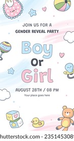 gender reveal party. Boy or girl reveal party. gender party. boy or girl. blue and pink color. balloons. celebration. Baby's gender reveal party. Vector Illustration. Poster, Banner, Invitation Card.