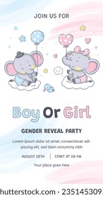 gender reveal party. Boy or girl reveal party. gender party. boy or girl. blue and pink color. balloons. celebration. Baby's gender reveal party. Vector Illustration. Poster, Banner, Invitation Card.