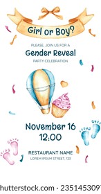 gender reveal party. Boy or girl reveal party. gender party. boy or girl. blue and pink color. balloons. celebration. Baby's gender reveal party. Vector Illustration. Poster, Banner, Invitation Card.