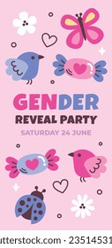 gender reveal party. Boy or girl reveal party. gender party. boy or girl. blue and pink color. balloons. celebration. Baby's gender reveal party. Vector Illustration. Poster, Banner, Invitation Card.