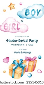 gender reveal party. Boy or girl reveal party. gender party. boy or girl. blue and pink color. balloons. celebration. Baby's gender reveal party. Vector Illustration. Poster, Banner, Invitation Card.