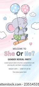 gender reveal party. Boy or girl reveal party. gender party. boy or girl. blue and pink color. balloons. celebration. Baby's gender reveal party. Vector Illustration. Poster, Banner, Invitation Card.