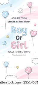 gender reveal party. Boy or girl reveal party. gender party. boy or girl. blue and pink color. balloons. celebration. Baby's gender reveal party. Vector Illustration. Poster, Banner, Invitation Card.