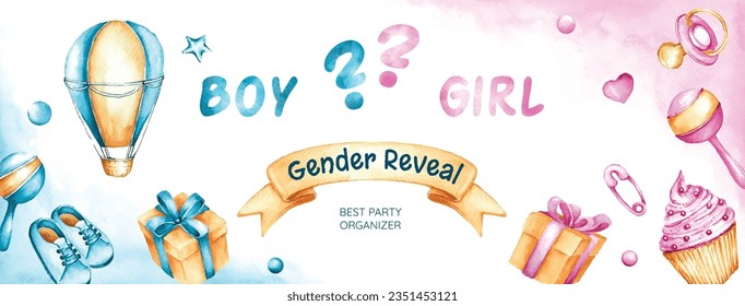 gender reveal party. Boy or girl reveal party. gender party. boy or girl. blue and pink color. balloons. celebration. Baby's gender reveal party. Vector Illustration. Poster, Banner, Invitation Card.