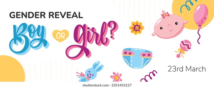 gender reveal party. Boy or girl reveal party. gender party. boy or girl. blue and pink color. balloons. celebration. Baby's gender reveal party. Vector Illustration. Poster, Banner, Invitation Card.