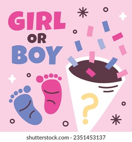 gender reveal party. Boy or girl reveal party. gender party. boy or girl. blue and pink color. balloons. celebration. Baby's gender reveal party. Vector Illustration. Poster, Banner, Invitation Card.