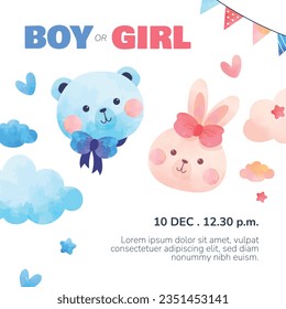 gender reveal party. Boy or girl reveal party. gender party. boy or girl. blue and pink color. balloons. celebration. Baby's gender reveal party. Vector Illustration. Poster, Banner, Invitation Card.