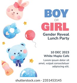 gender reveal party. Boy or girl reveal party. gender party. boy or girl. blue and pink color. balloons. celebration. Baby's gender reveal party. Vector Illustration. Poster, Banner, Invitation Card.