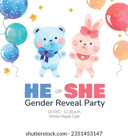 gender reveal party. Boy or girl reveal party. gender party. boy or girl. blue and pink color. balloons. celebration. Baby's gender reveal party. Vector Illustration. Poster, Banner, Invitation Card.