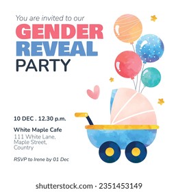 gender reveal party. Boy or girl reveal party. gender party. boy or girl. blue and pink color. balloons. celebration. Baby's gender reveal party. Vector Illustration. Poster, Banner, Invitation Card.