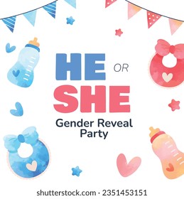 gender reveal party. Boy or girl reveal party. gender party. boy or girl. blue and pink color. balloons. celebration. Baby's gender reveal party. Vector Illustration. Poster, Banner, Invitation Card.