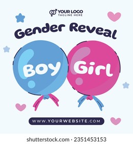 gender reveal party. Boy or girl reveal party. gender party. boy or girl. blue and pink color. balloons. celebration. Baby's gender reveal party. Vector Illustration. Poster, Banner, Invitation Card.