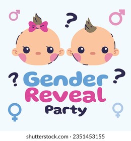 gender reveal party. Boy or girl reveal party. gender party. boy or girl. blue and pink color. balloons. celebration. Baby's gender reveal party. Vector Illustration. Poster, Banner, Invitation Card.