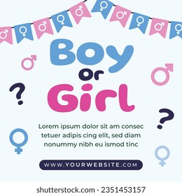 gender reveal party. Boy or girl reveal party. gender party. boy or girl. blue and pink color. balloons. celebration. Baby's gender reveal party. Vector Illustration. Poster, Banner, Invitation Card.