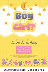 gender reveal party. Boy or girl reveal party. gender party. boy or girl. blue and pink color. balloons. celebration. Baby's gender reveal party. Vector Illustration. Poster, Banner, Invitation Card.