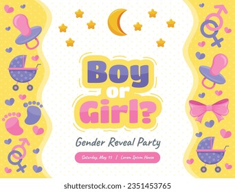 gender reveal party. Boy or girl reveal party. gender party. boy or girl. blue and pink color. balloons. celebration. Baby's gender reveal party. Vector Illustration. Poster, Banner, Invitation Card.