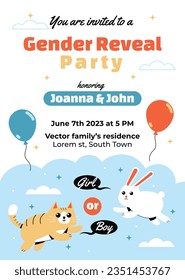 gender reveal party. Boy or girl reveal party. gender party. boy or girl. blue and pink color. balloons. celebration. Baby's gender reveal party. Vector Illustration. Poster, Banner, Invitation Card.