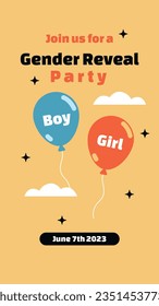 gender reveal party. Boy or girl reveal party. gender party. boy or girl. blue and pink color. balloons. celebration. Baby's gender reveal party. Vector Illustration. Poster, Banner, Invitation Card.