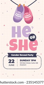 gender reveal party. Boy or girl reveal party. gender party. boy or girl. blue and pink color. balloons. celebration. Baby's gender reveal party. Vector Illustration. Poster, Banner, Invitation Card.