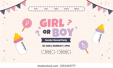 gender reveal party. Boy or girl reveal party. gender party. boy or girl. blue and pink color. balloons. celebration. Baby's gender reveal party. Vector Illustration. Poster, Banner, Invitation Card.