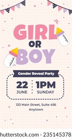 gender reveal party. Boy or girl reveal party. gender party. boy or girl. blue and pink color. balloons. celebration. Baby's gender reveal party. Vector Illustration. Poster, Banner, Invitation Card.