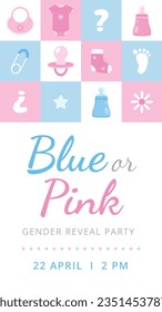 gender reveal party. Boy or girl reveal party. gender party. boy or girl. blue and pink color. balloons. celebration. Baby's gender reveal party. Vector Illustration. Poster, Banner, Invitation Card.