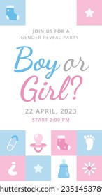 gender reveal party. Boy or girl reveal party. gender party. boy or girl. blue and pink color. balloons. celebration. Baby's gender reveal party. Vector Illustration. Poster, Banner, Invitation Card.