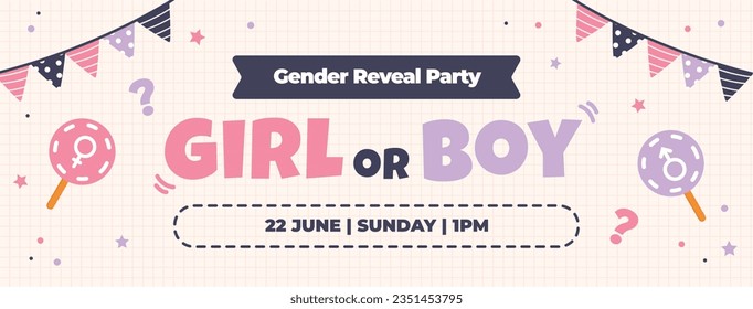 gender reveal party. Boy or girl reveal party. gender party. boy or girl. blue and pink color. balloons. celebration. Baby's gender reveal party. Vector Illustration. Poster, Banner, Invitation Card.