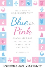 gender reveal party. Boy or girl reveal party. gender party. boy or girl. blue and pink color. balloons. celebration. Baby's gender reveal party. Vector Illustration. Poster, Banner, Invitation Card.