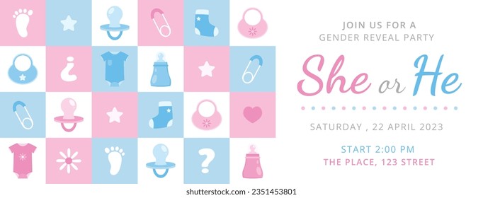 gender reveal party. Boy or girl reveal party. gender party. boy or girl. blue and pink color. balloons. celebration. Baby's gender reveal party. Vector Illustration. Poster, Banner, Invitation Card.