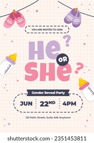 gender reveal party. Boy or girl reveal party. gender party. boy or girl. blue and pink color. balloons. celebration. Baby's gender reveal party. Vector Illustration. Poster, Banner, Invitation Card.