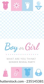 gender reveal party. Boy or girl reveal party. gender party. boy or girl. blue and pink color. balloons. celebration. Baby's gender reveal party. Vector Illustration. Poster, Banner, Invitation Card.