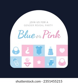 gender reveal party. Boy or girl reveal party. gender party. boy or girl. blue and pink color. balloons. celebration. Baby's gender reveal party. Vector Illustration. label, sticker, Invitation Card.