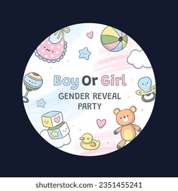 gender reveal party. Boy or girl reveal party. gender party. boy or girl. blue and pink color. balloons. celebration. Baby's gender reveal party. Vector Illustration. label, sticker, Invitation Card.