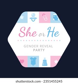 gender reveal party. Boy or girl reveal party. gender party. boy or girl. blue and pink color. balloons. celebration. Baby's gender reveal party. Vector Illustration. label, sticker, Invitation Card.