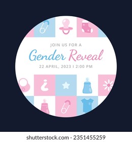 gender reveal party. Boy or girl reveal party. gender party. boy or girl. blue and pink color. balloons. celebration. Baby's gender reveal party. Vector Illustration. label, sticker, Invitation Card.