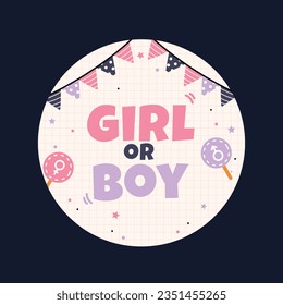 gender reveal party. Boy or girl reveal party. gender party. boy or girl. blue and pink color. balloons. celebration. Baby's gender reveal party. Vector Illustration. label, sticker, Invitation Card.