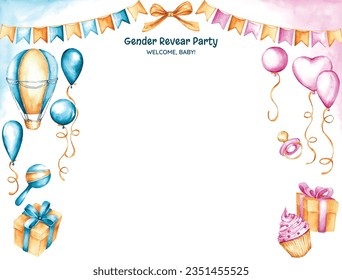 gender reveal party. Boy or girl reveal party. gender party. boy or girl. blue and pink color. balloons. celebration. Baby's gender reveal party. Vector Illustration. Poster, Banner, Invitation Card.