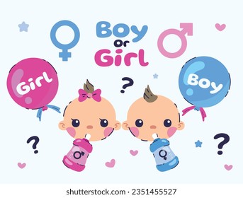 gender reveal party. Boy or girl reveal party. gender party. boy or girl. blue and pink color. balloons. celebration. Baby's gender reveal party. Vector Illustration. Poster, Banner, Invitation Card.