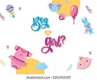 gender reveal party. Boy or girl reveal party. gender party. boy or girl. blue and pink color. balloons. celebration. Baby's gender reveal party. Vector Illustration. Poster, Banner, Invitation Card.